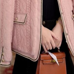 Women’s Pink Cropped Knit Jacket with Contrast Trim